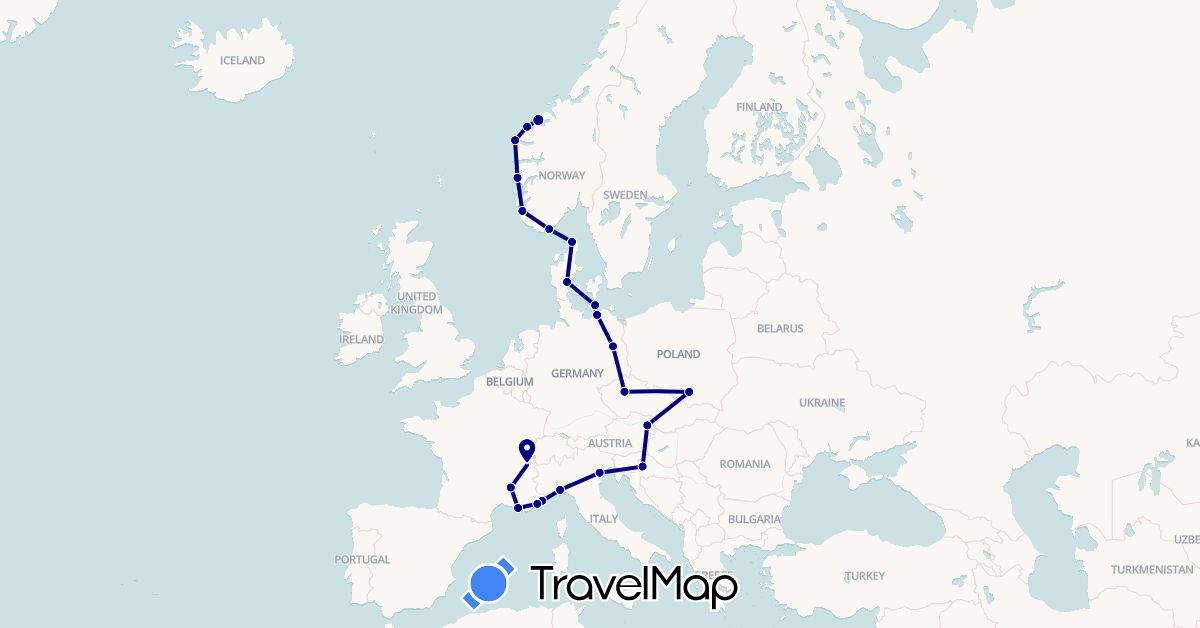 TravelMap itinerary: driving in Austria, Czech Republic, Germany, Denmark, France, Croatia, Italy, Monaco, Norway, Poland (Europe)